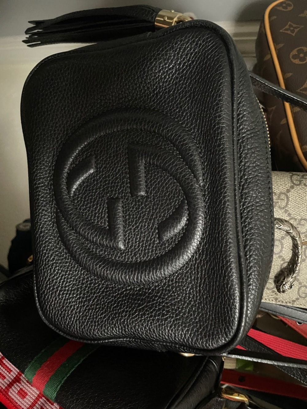 Gucci Black Pebbled Leather Crossbody with Embossed Interlocking G